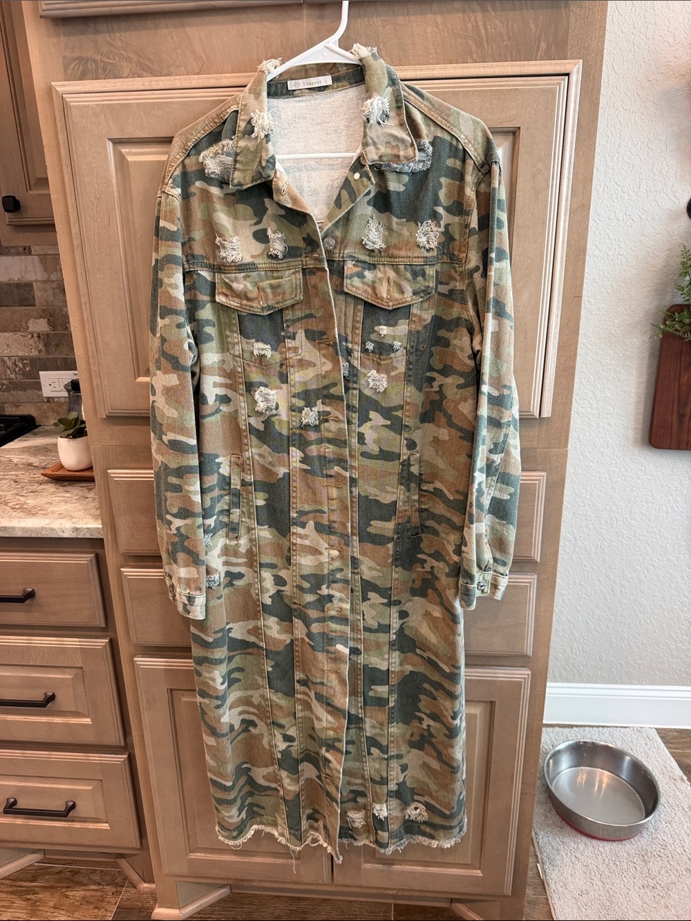 Camo denim Distressed Button-Front duster/jacket